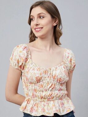 Sim & Sam Women’s Floral Smocked Peplum Top - 100% Cotton.  Size: Large